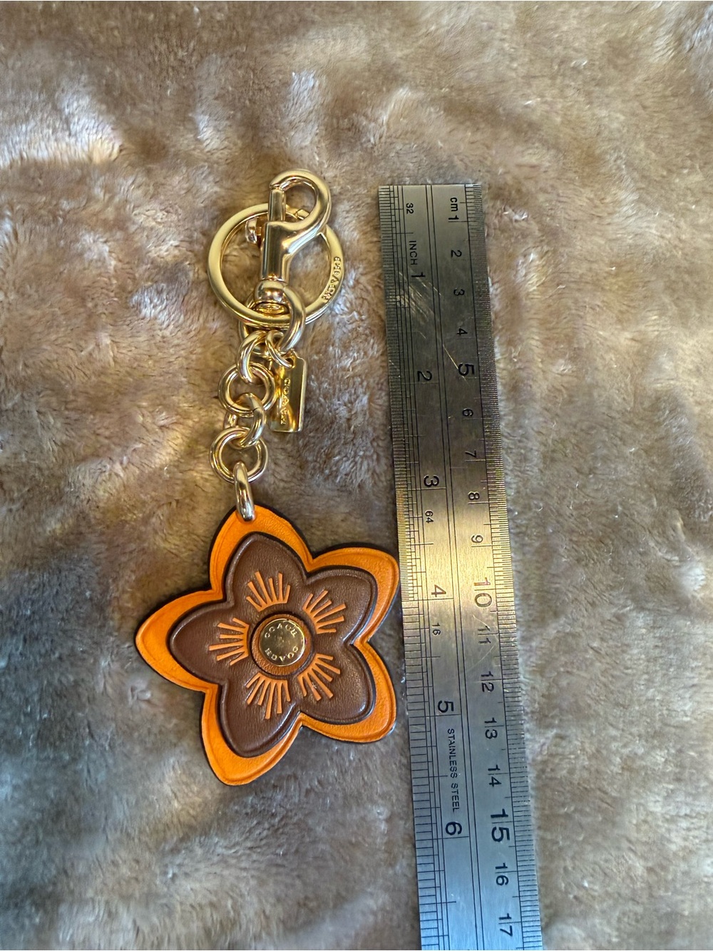 Coach Orange and Brown & Orange Leather Flower Keyring with Gold Hardware